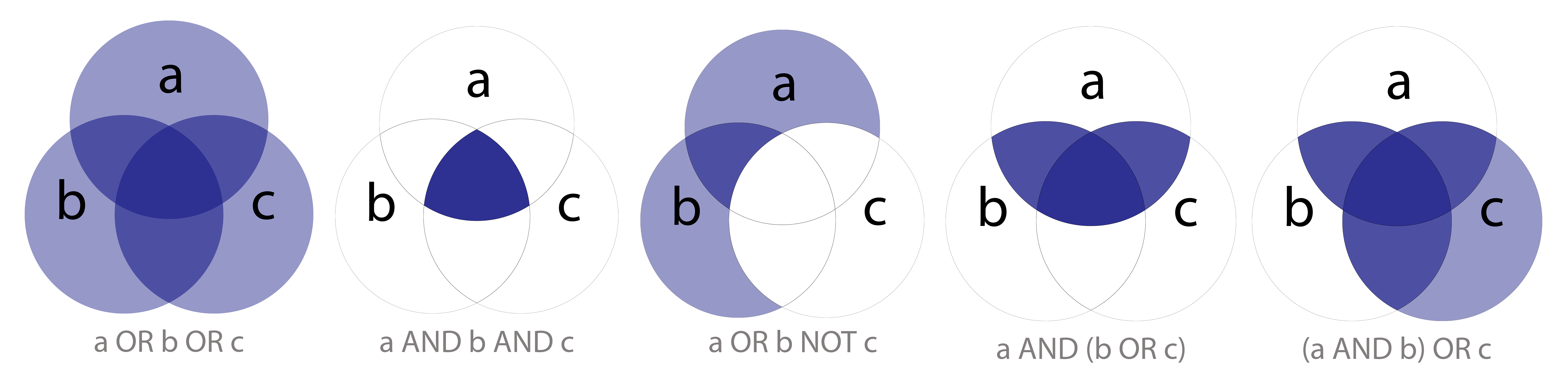 Example of query results that employ Boolean operators. The structure of the query used in this study most closely matches the second venn diagram from the right.