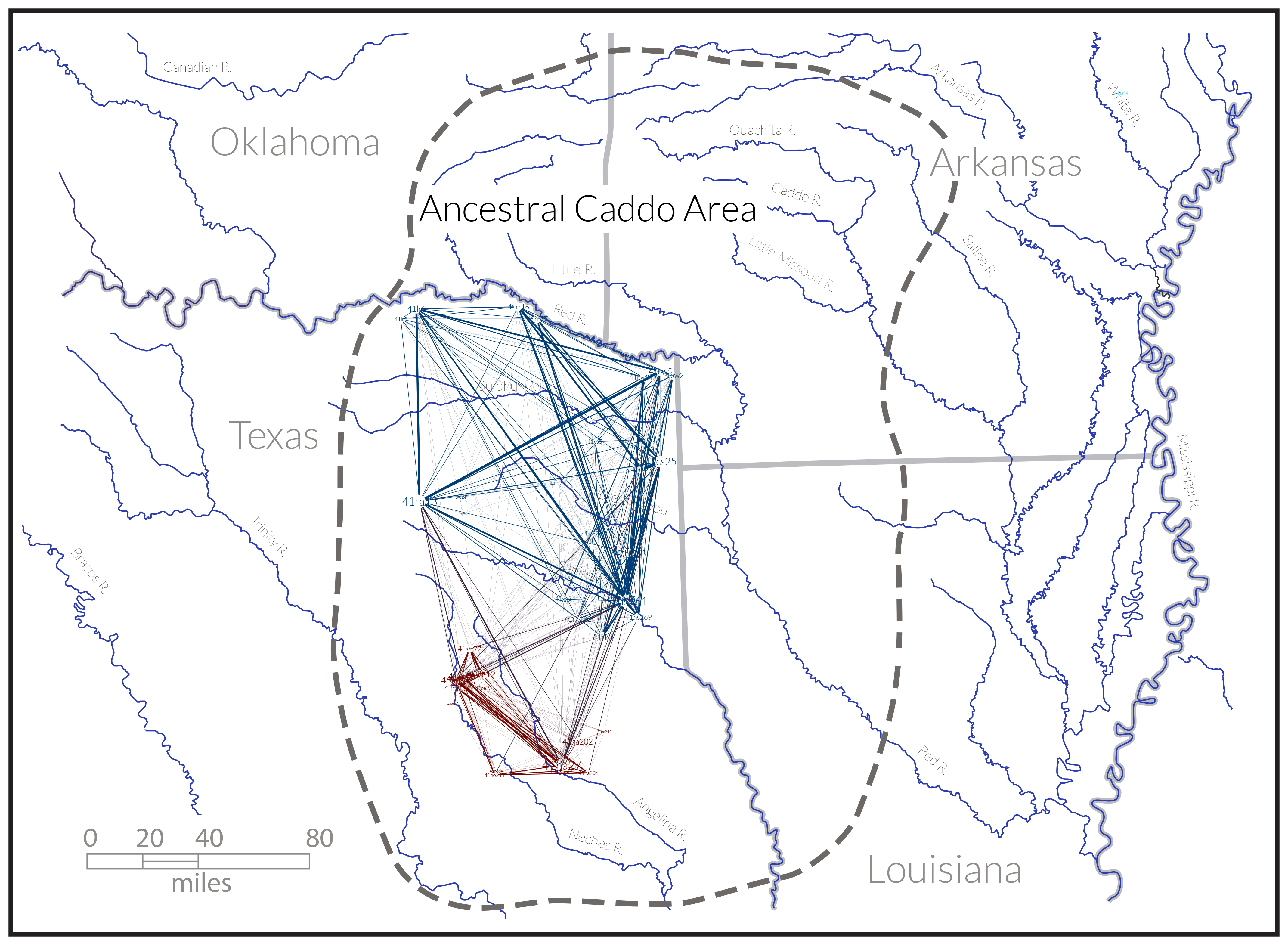 Historic Caddo network generated using ceramic and lithic types, which include Perdiz arrow points ([DOI 10.17605/OSF.IO/WD2ZT](https://osf.io/bt2q9/) and Selden, Jr. [-@RN8031]), illustrating two larger north (blue) and south (red) Caddo communities of practice. The communities were identified using a modularity statistic to identify nodes more densely connected to one another than to the rest of the network [@RN8051;@RN8024].